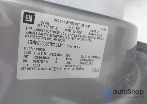 2008 Chevrolet Tahoe Hybrid z USA, uszkodzony, nr VIN 1GNFC13598R210433